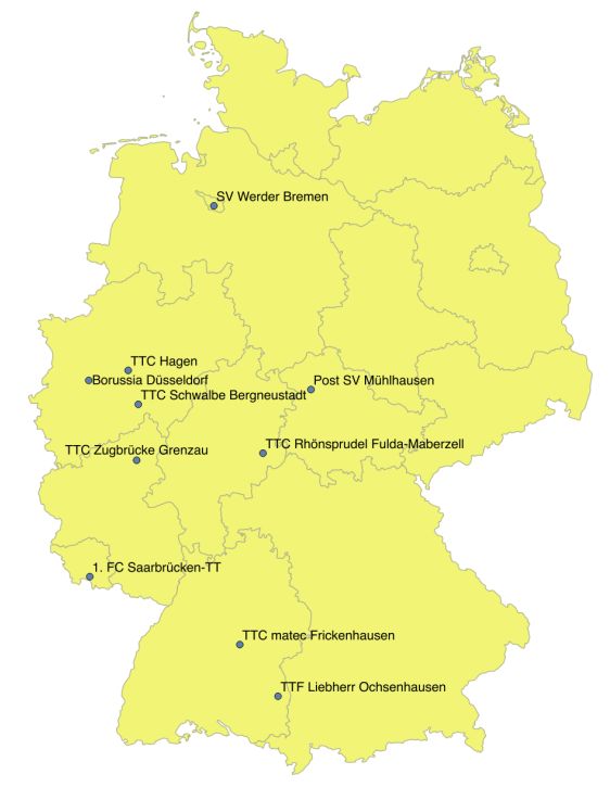 Abbildung 15. Geografische Verteilung der TTBL-Vereine in der Saison 2014/15